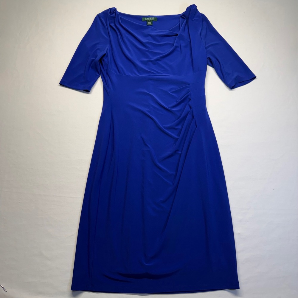 Lauren Ralph Lauren Dress 10 Blue Ruched Cowl Neck Sheath Womens Cocktail Work